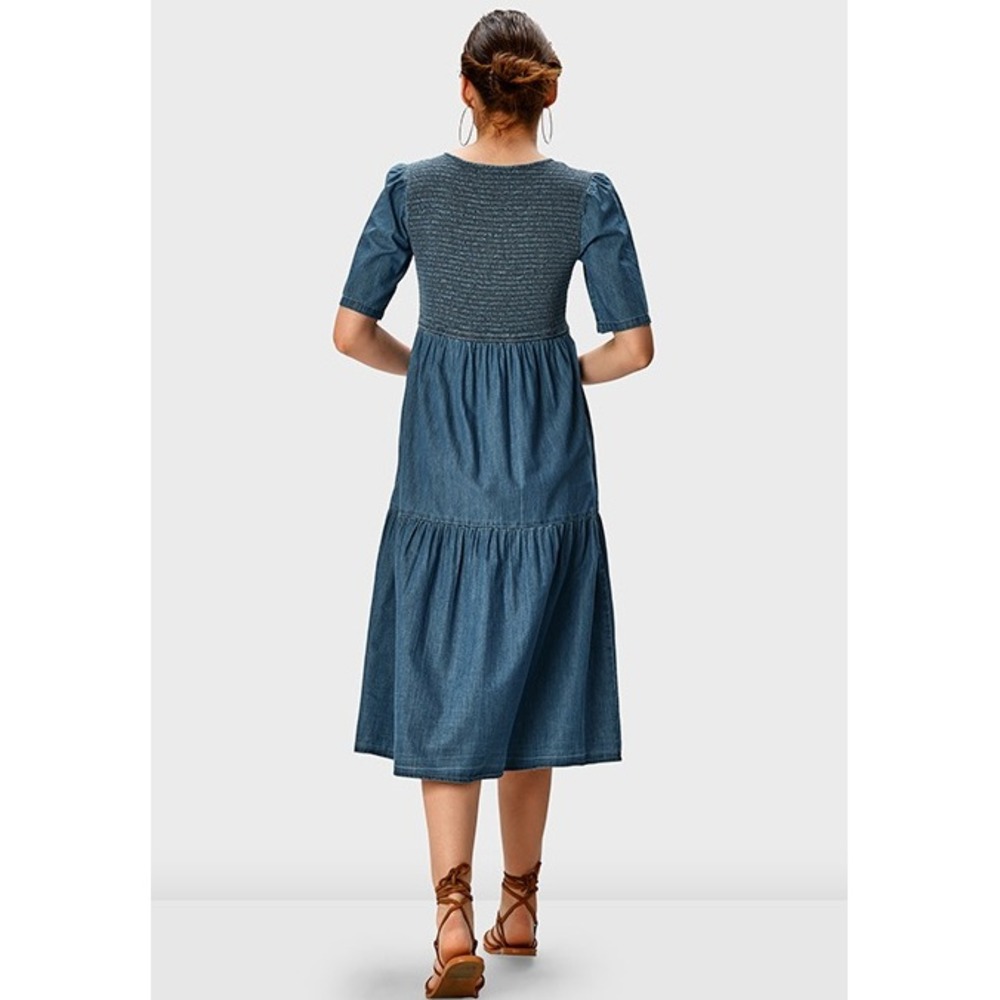 Wayward Fancies eShakti L-12 Chambray Dress Smocked Tiered Cottagecore Bohemian‎ - Picture 6 of 12